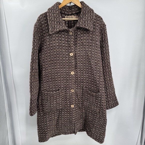 e.c.c. ecuadorian clothing company Sweaters - E.C.C. Women Cardigan Coat XL Brown Wool Cotton Handmade Ecuador Boho Artisan